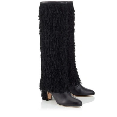 Shop Jimmy Choo Magalie 65 Black Calf Leather Knee High Booties With Fringe Detailing