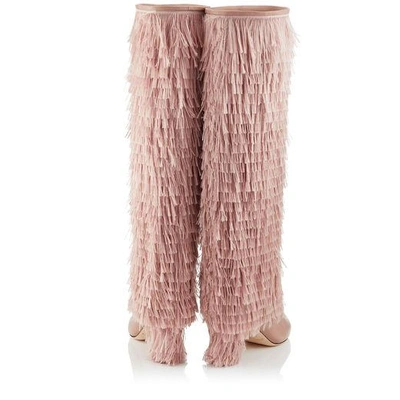 Shop Jimmy Choo Magalie 65 Ballet Pink Calf Leather Knee High Booties With Fringe Detailing
