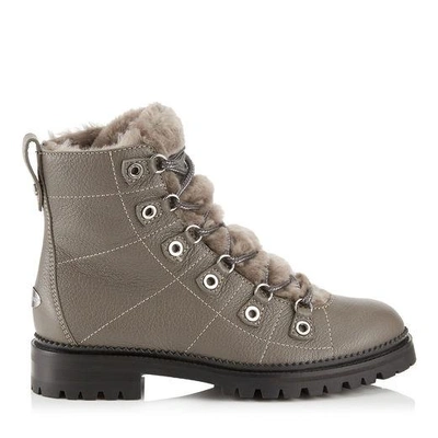 Shop Jimmy Choo Hillary Flat Dark Grey Grainy Leather Ankle Booties With Shearling