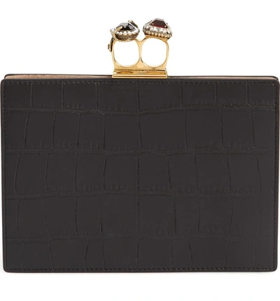 Shop Alexander Mcqueen Croc Embossed Calfskin Leather Double Ring Clutch - Black