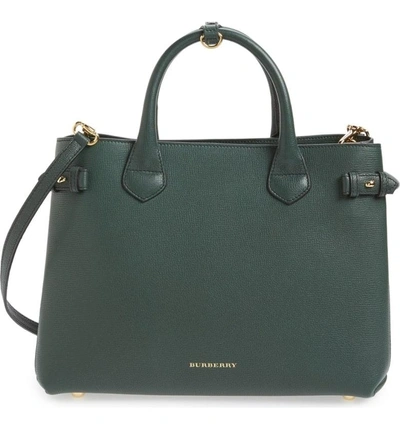 Shop Burberry 'medium Banner' House Check Leather Tote - Green In Dark Bottle Green