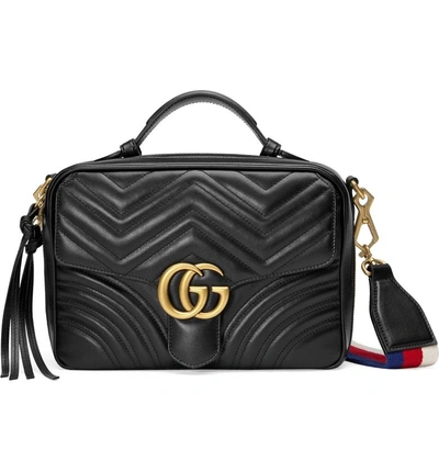 Shop Gucci Small Gg2.0 Matelasse Leather Camera Bag With Webbed Strap In Nero/ White/ Hibiscus Red