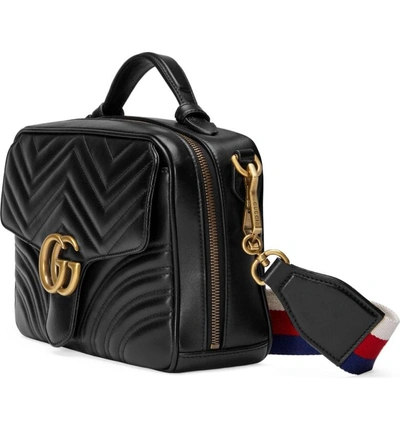 Shop Gucci Small Gg2.0 Matelasse Leather Camera Bag With Webbed Strap In Nero/ White/ Hibiscus Red
