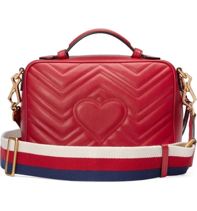 Shop Gucci Small Gg Marmont 2.0 Matelasse Leather Camera Bag With Webbed Strap - Red In Hibiscus Red/ Mystic White