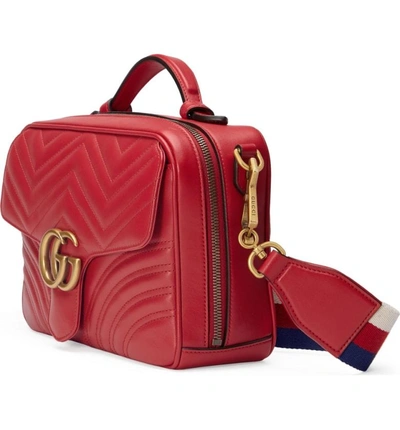 Shop Gucci Small Gg Marmont 2.0 Matelasse Leather Camera Bag With Webbed Strap - Red In Hibiscus Red/ Mystic White