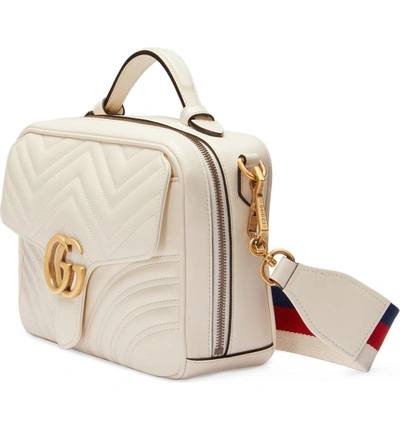 Shop Gucci Small Gg Marmont 2.0 Matelasse Leather Camera Bag With Webbed Strap In Mystic White/ Hibiscus Red