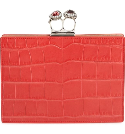 Shop Alexander Mcqueen Croc Embossed Calfskin Leather Double Ring Clutch In Lust Red
