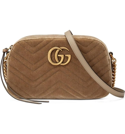 Shop Gucci Small Gg Marmont 2.0 Matelasse Velvet Shoulder Bag In Taupe/ Taupe