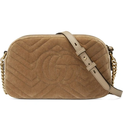 Shop Gucci Small Gg Marmont 2.0 Matelasse Velvet Shoulder Bag In Taupe/ Taupe
