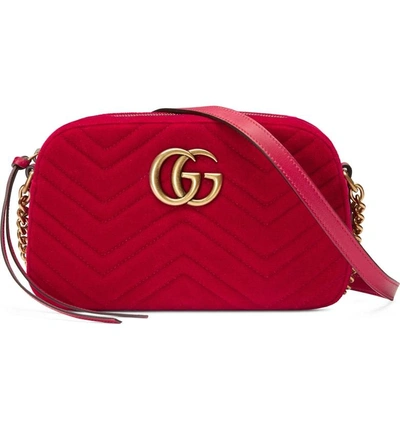 Shop Gucci Small Gg Marmont 2.0 Matelasse Velvet Shoulder Bag - Red In Hibiscus Red/ Hibiscus Red