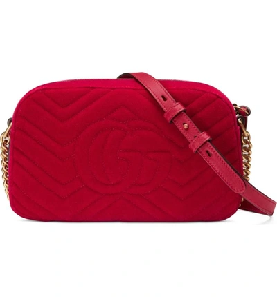 Shop Gucci Small Gg Marmont 2.0 Matelasse Velvet Shoulder Bag - Red In Hibiscus Red/ Hibiscus Red