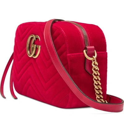 Shop Gucci Small Gg Marmont 2.0 Matelasse Velvet Shoulder Bag - Red In Hibiscus Red/ Hibiscus Red