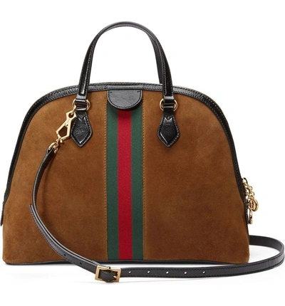 Shop Gucci Ophidia Suede Dome Satchel In Nocciola/ Nero/ Vert Red Vert