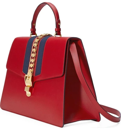 Shop Gucci Maxi Sylvie Top Handle Leather Shoulder Bag - Red In Hibiscus Red/ Blue Red