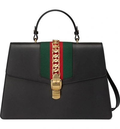 Shop Gucci Maxi Sylvie Top Handle Leather Shoulder Bag - Black In Nero/ Vert Red