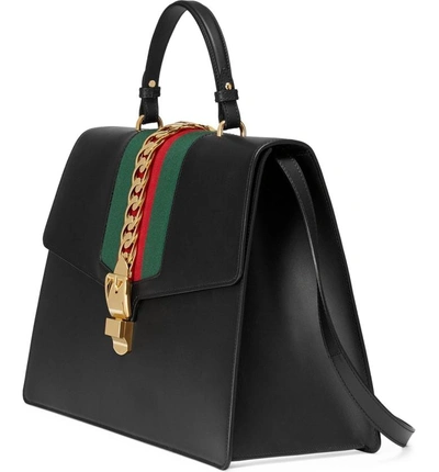 Shop Gucci Maxi Sylvie Top Handle Leather Shoulder Bag - Black In Nero/ Vert Red