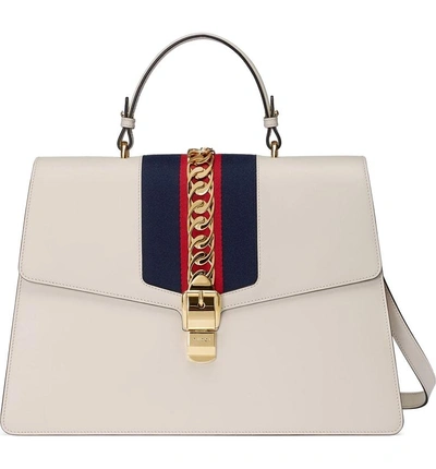 Shop Gucci Maxi Web Top Handle Leather Shoulder Bag In Mystic White/ Blue Red