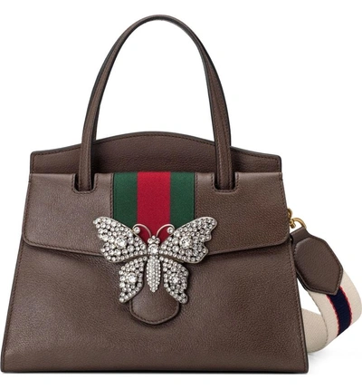 Shop Gucci Medium Linea Leather Satchel In Acero/ Vert Red/ Crystal