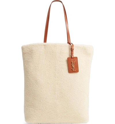 Shop Saint Laurent Genuine Shearling Shopping Tote - Ivory In Naturale/ Deep Cuoio