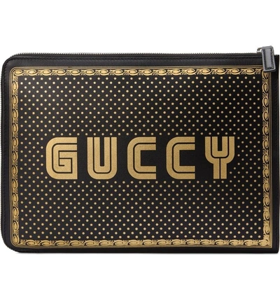 Shop Gucci Guccy Logo Moon & Stars Leather Clutch In Nero Oro/ Nero