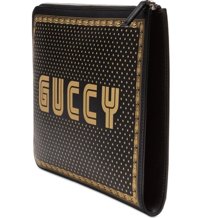 Shop Gucci Guccy Logo Moon & Stars Leather Clutch In Nero Oro/ Nero