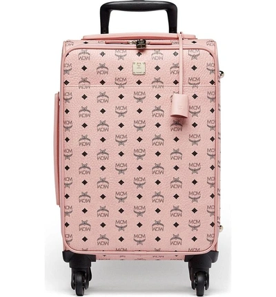 Shop Mcm Small Voyager Visetos 22" Trolley Wheeled Suitcase - Pink In Soft Pink