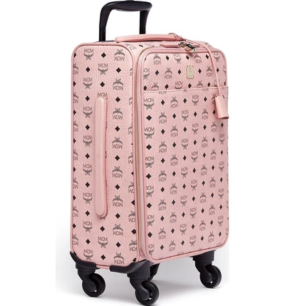 Shop Mcm Small Voyager Visetos 22" Trolley Wheeled Suitcase - Pink In Soft Pink