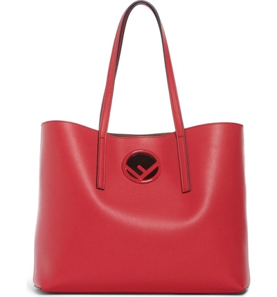 Shop Fendi Logo Leather Shopper - Red In Fiamma/ Taupe