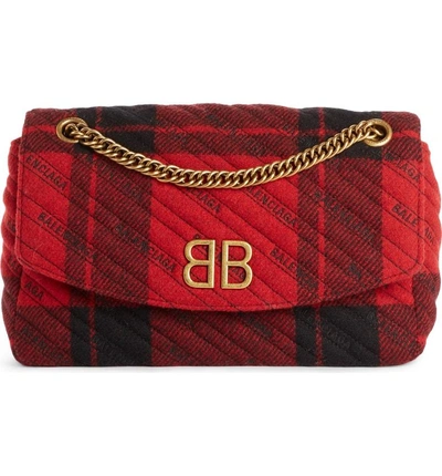 Shop Balenciaga Medium Bb Round Plaid Shoulder Bag - Red In Rouge/ Noir