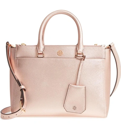Shop Tory Burch Small Robinson Double-zip Metallic Leather Tote - Pink In Light Rose Gold
