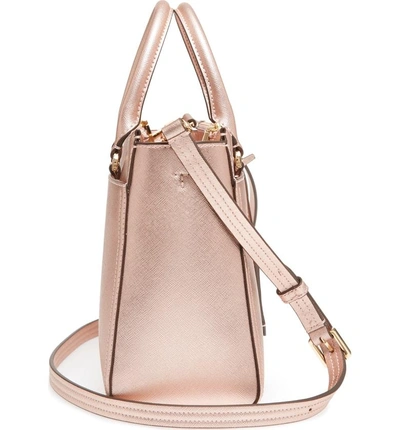 Shop Tory Burch Small Robinson Double-zip Metallic Leather Tote - Pink In Light Rose Gold