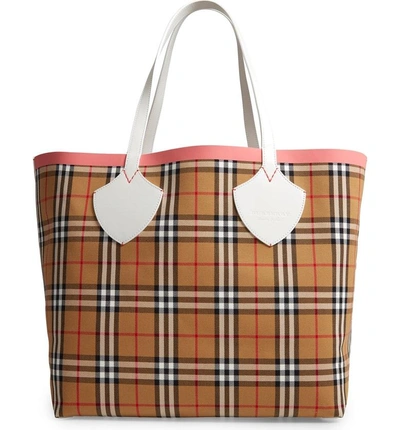 Shop Burberry Giant Check Reversible Tote In Beige/ Pink/ Chalk White