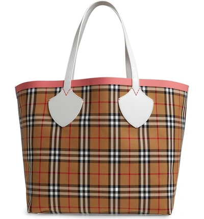 Shop Burberry Giant Check Reversible Tote In Beige/ Pink/ Chalk White