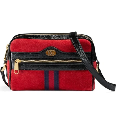 Shop Gucci Ophidia Small Suede & Leather Crossbody Bag - Red In Hibiscus Red/ Nero/ Blue Red
