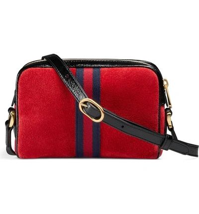 Shop Gucci Ophidia Small Suede & Leather Crossbody Bag - Red In Hibiscus Red/ Nero/ Blue Red