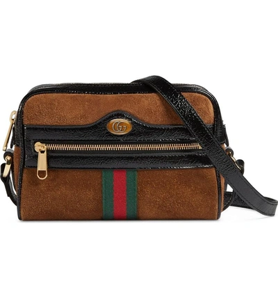 Shop Gucci Ophidia Small Suede & Leather Crossbody Bag In Nocciola/ Nero/ Vert Red