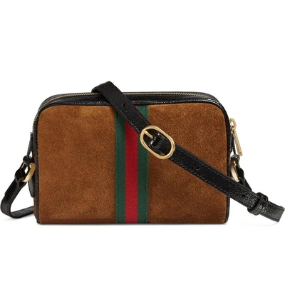 Shop Gucci Ophidia Small Suede & Leather Crossbody Bag In Nocciola/ Nero/ Vert Red