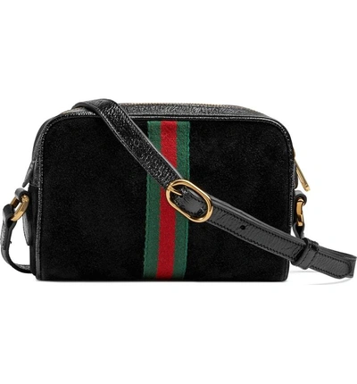 Shop Gucci Ophidia Small Suede & Leather Crossbody Bag In Nero/ Nero/ Vert Red Vert