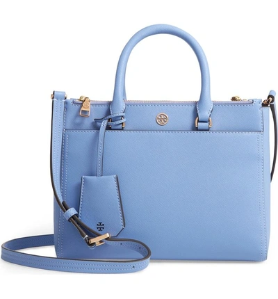 Shop Tory Burch Small Robinson Double-zip Leather Tote - Blue In Bow Blue