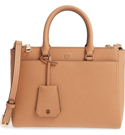 Shop Tory Burch Small Robinson Double-zip Leather Tote - Brown In Cardamom / Royal Navy
