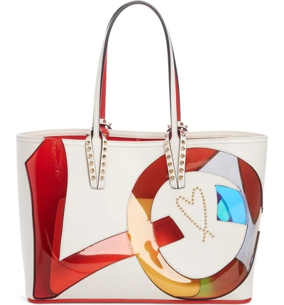 Shop Christian Louboutin Small Cabata Love Embellished Leather Tote - Brown In Latte Multi