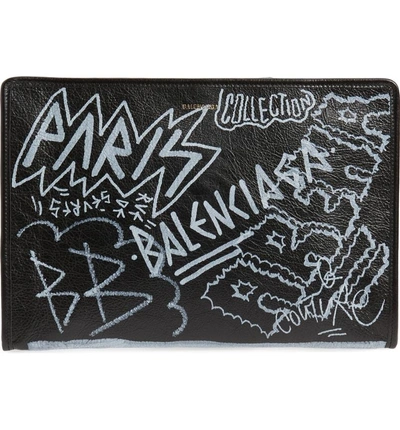 Shop Balenciaga Graffiti Embellished Lambskin Pouch - Black In Noir/ Blanc