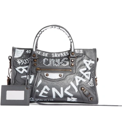 Shop Balenciaga Small City Graffiti Leather Tote - Grey In Gris Fossile/ Blanc