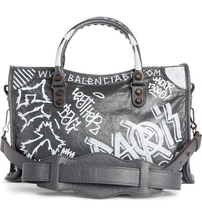 Shop Balenciaga Small City Graffiti Leather Tote - Grey In Gris Fossile/ Blanc