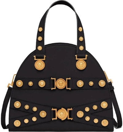 Shop Versace Tribute Studded Leather Satchel - Black In Nero