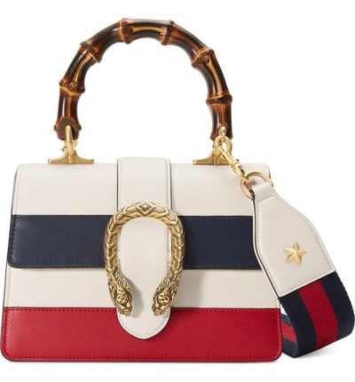 Shop Gucci Mini Dionysus Leather Top Handle Satchel In White/ Blue/ Hibiscus Red