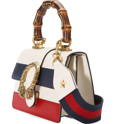 Shop Gucci Mini Dionysus Leather Top Handle Satchel In White/ Blue/ Hibiscus Red