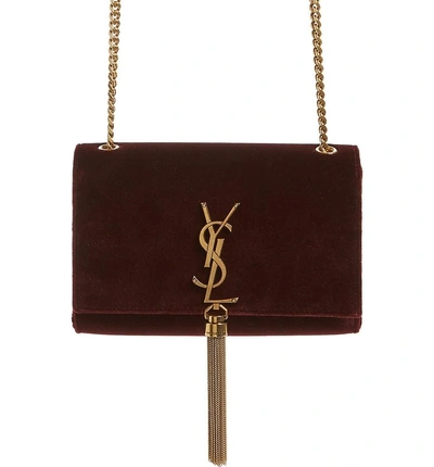 Shop Saint Laurent Small Kate Tassel Velvet Crossbody Bag In Dark Rouge Legion
