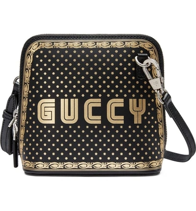 Shop Gucci Guccy Logo Moon & Stars Leather Crossbody Bag In Nero/ Oro
