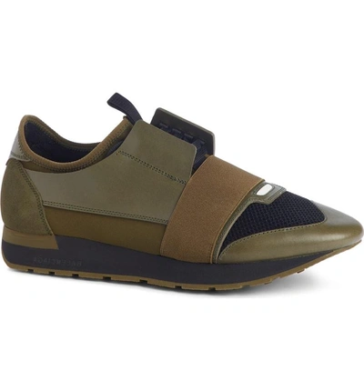Balenciaga Mens Green Striped Race Leather Sneakers In Olive |
